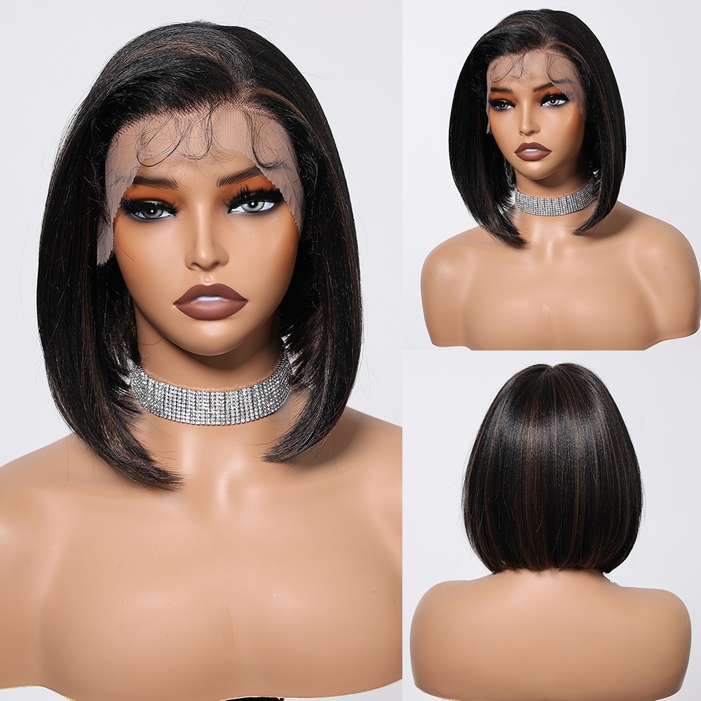 Short  Bob  Black  13*6 HD Lace Front Wig   Brown Golden Straight Bob Lace Front Synthetic Wig For Women Daily