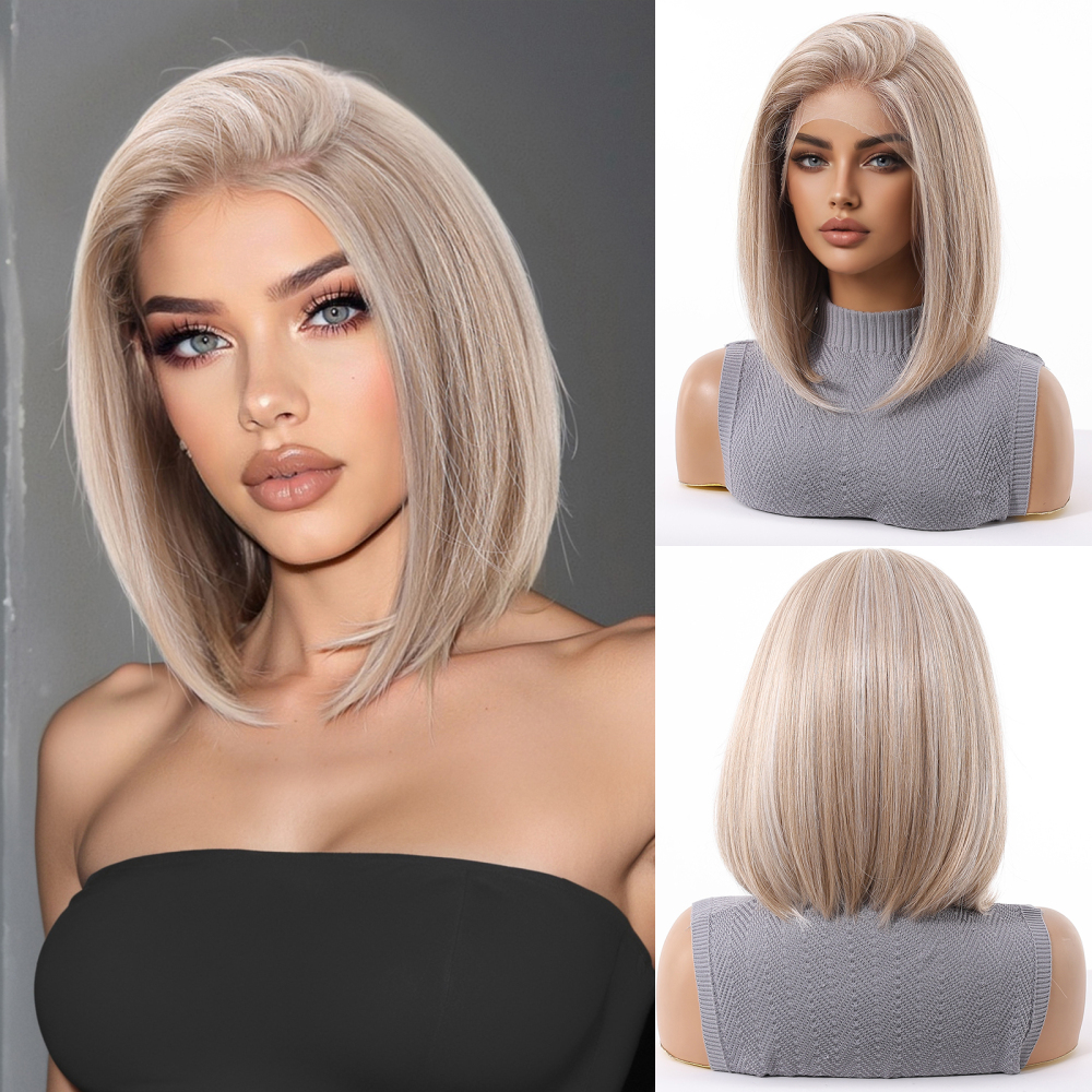 Short  Bob  Black  13*6 HD Lace Front Wig   Brown Golden Straight Bob Lace Front Synthetic Wig For Women Daily