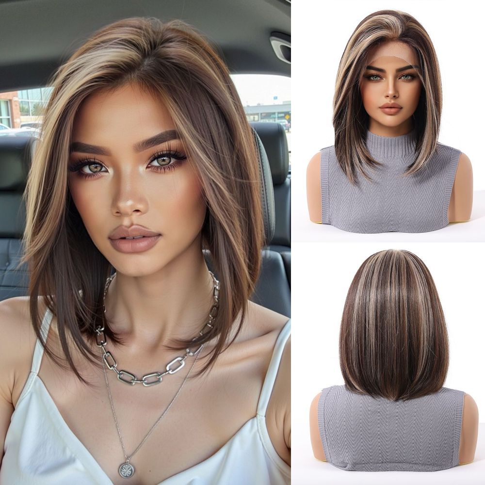 Short  Bob  Black  13*6 HD Lace Front Wig   Brown Golden Straight Bob Lace Front Synthetic Wig For Women Daily
