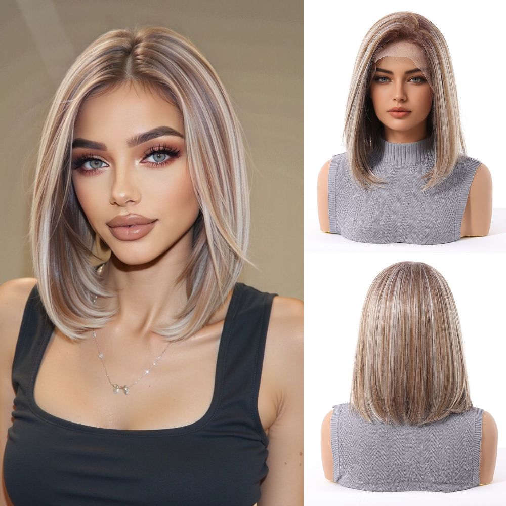 Short  Bob  Black  13*6 HD Lace Front Wig   Brown Golden Straight Bob Lace Front Synthetic Wig For Women Daily