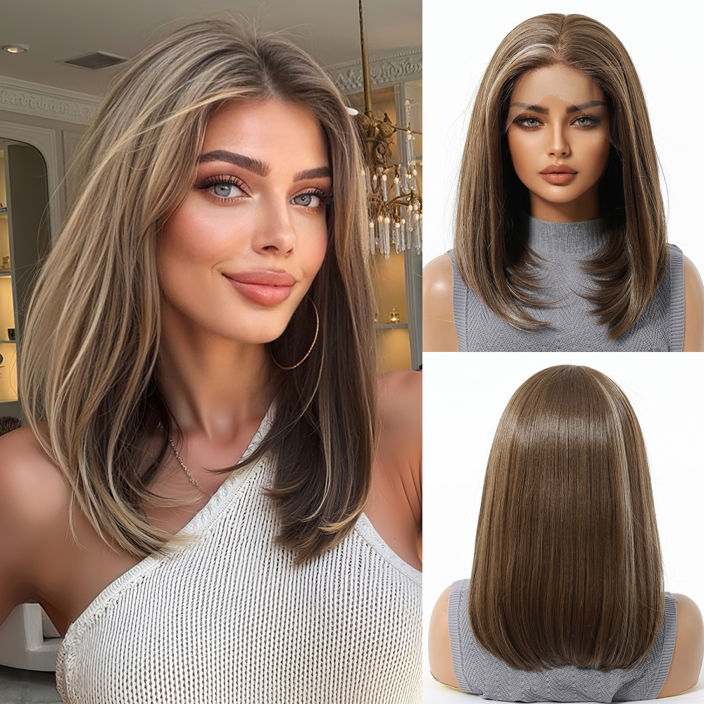 Short  Bob  Black  13*6 HD Lace Front Wig   Brown Golden Straight Bob Lace Front Synthetic Wig For Women Daily