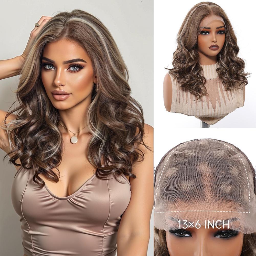 14 inch Wave 13*6 Lace Front Wig Brown Highlight   Synthetic Hair Wigs for Women Daily Short Wavy Fake Hair Lace Frontal Wig