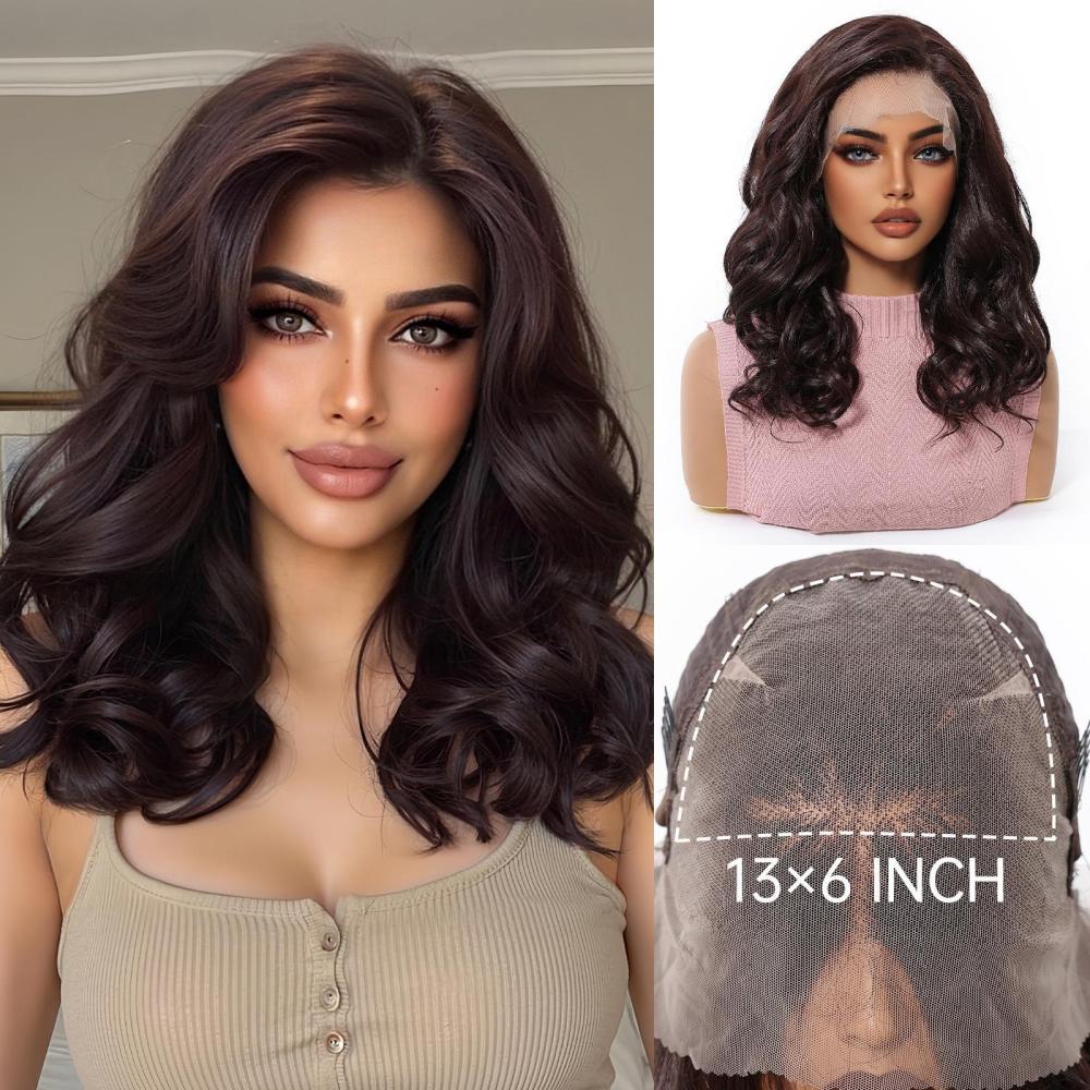14 inch Wave 13*6 Lace Front Wig Brown Highlight   Synthetic Hair Wigs for Women Daily Short Wavy Fake Hair Lace Frontal Wig