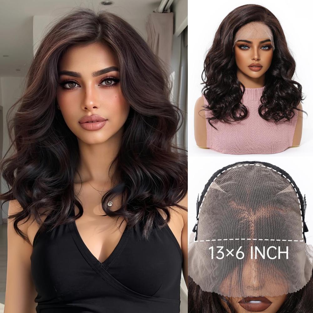 14 inch Wave 13*6 Lace Front Wig Brown Highlight   Synthetic Hair Wigs for Women Daily Short Wavy Fake Hair Lace Frontal Wig