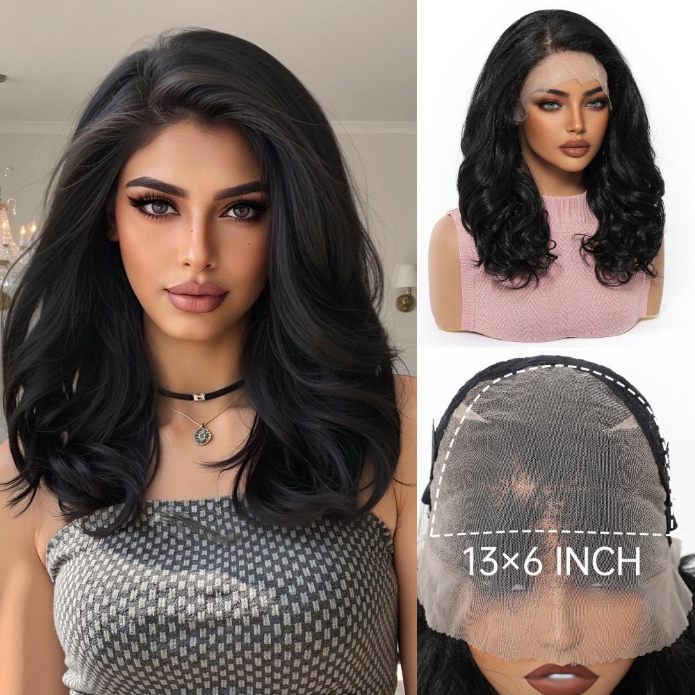14 inch Wave 13*6 Lace Front Wig Brown Highlight   Synthetic Hair Wigs for Women Daily Short Wavy Fake Hair Lace Frontal Wig