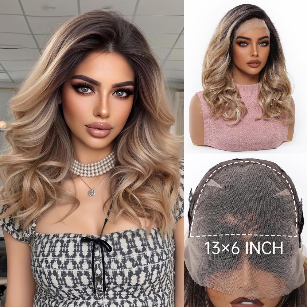 14 inch Wave 13*6 Lace Front Wig Brown Highlight   Synthetic Hair Wigs for Women Daily Short Wavy Fake Hair Lace Frontal Wig