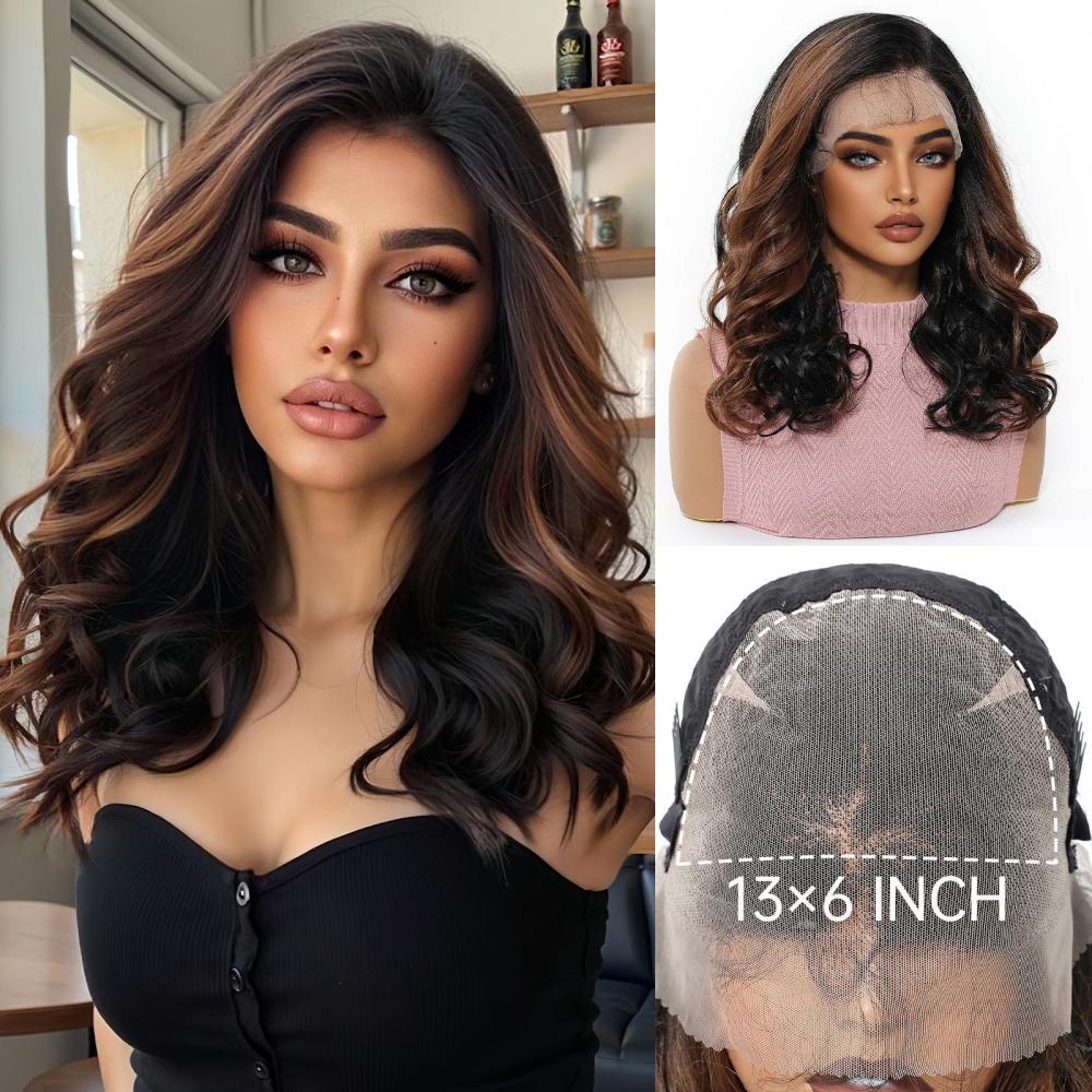 14 inch Wave 13*6 Lace Front Wig Brown Highlight   Synthetic Hair Wigs for Women Daily Short Wavy Fake Hair Lace Frontal Wig