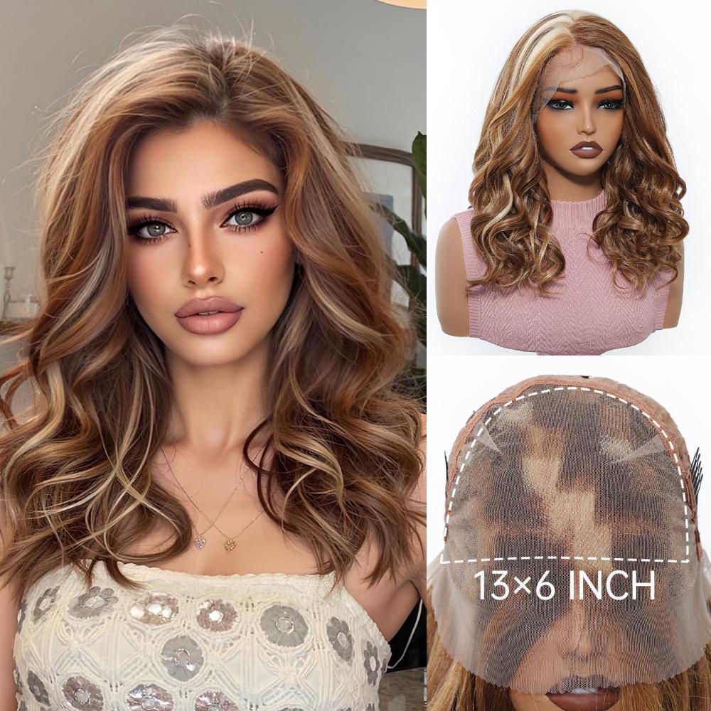 14 inch Wave 13*6 Lace Front Wig Brown Highlight   Synthetic Hair Wigs for Women Daily Short Wavy Fake Hair Lace Frontal Wig