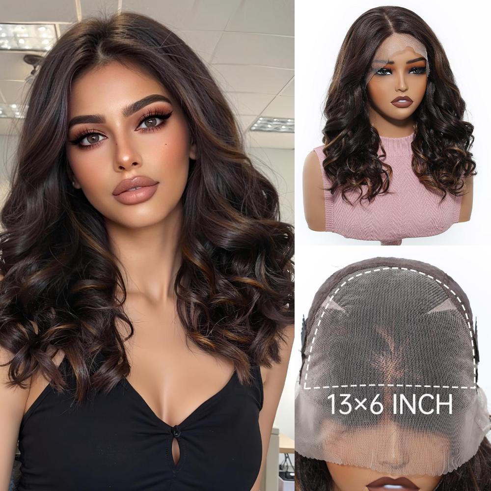 14 inch Wave 13*6 Lace Front Wig Brown Highlight   Synthetic Hair Wigs for Women Daily Short Wavy Fake Hair Lace Frontal Wig