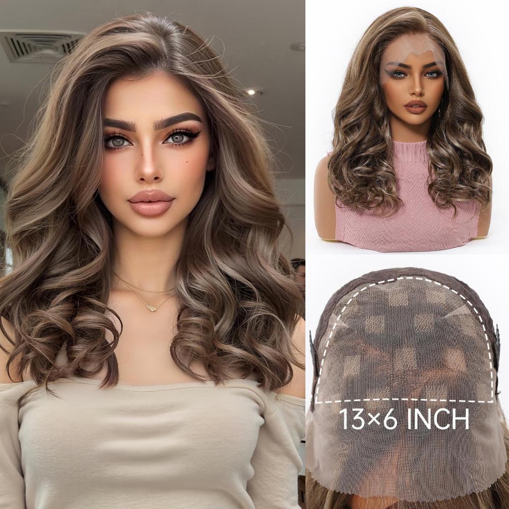 14 inch Wave 13*6 Lace Front Wig Brown Highlight   Synthetic Hair Wigs for Women Daily Short Wavy Fake Hair Lace Frontal Wig