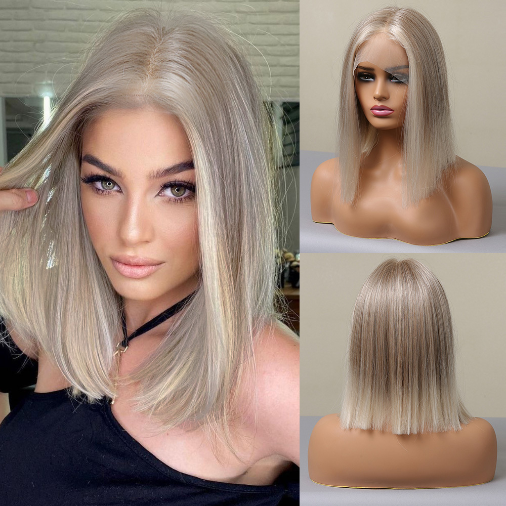Short  Bob  Black  13*6 HD Lace Front Wig   Brown Golden Straight Bob Lace Front Synthetic Wig For Women Daily
