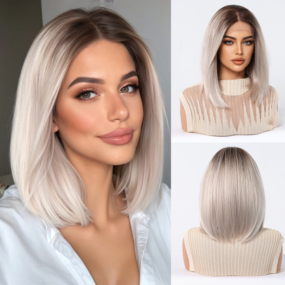 Short  Bob  Black  13*6 HD Lace Front Wig   Brown Golden Straight Bob Lace Front Synthetic Wig For Women Daily