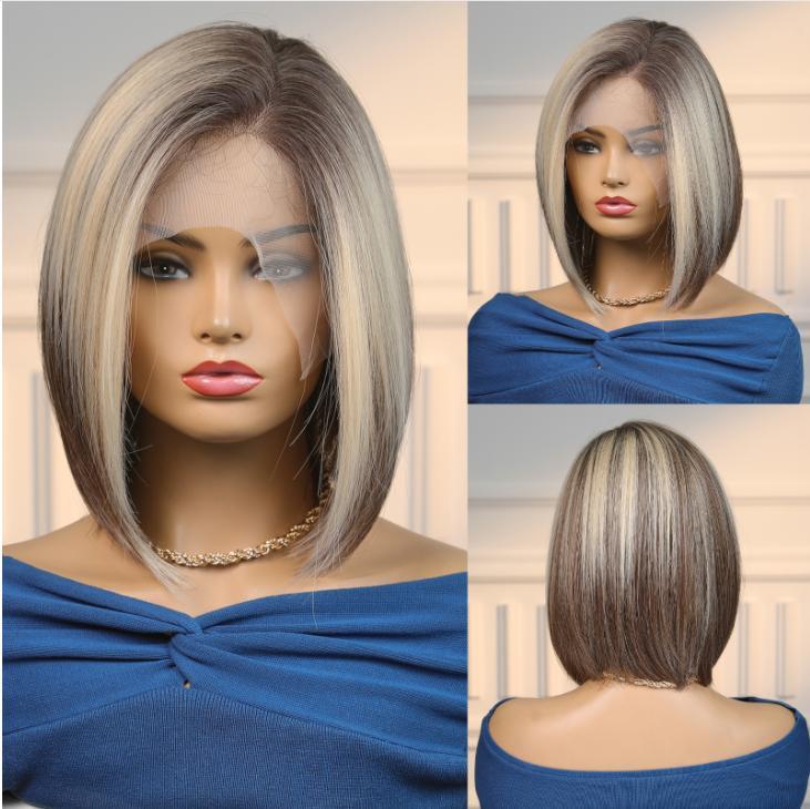 Short  Bob  Black  13*6 HD Lace Front Wig   Brown Golden Straight Bob Lace Front Synthetic Wig For Women Daily