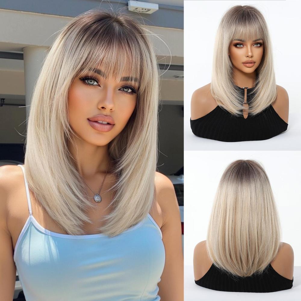 Natural Black Medium Straight Bob Synthetic Wig Hair Cosplay Party  Women Wigs with Bangs Heat Resistant Fibre