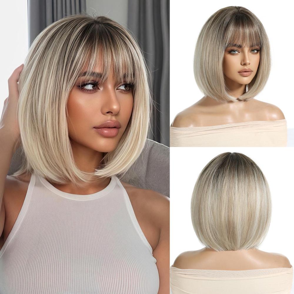 2025 Popular Brown Highlight Bob Wig Mixed Color Synthetic Hair for Women Natural Short Straight Wigs with Bangs High Temperature