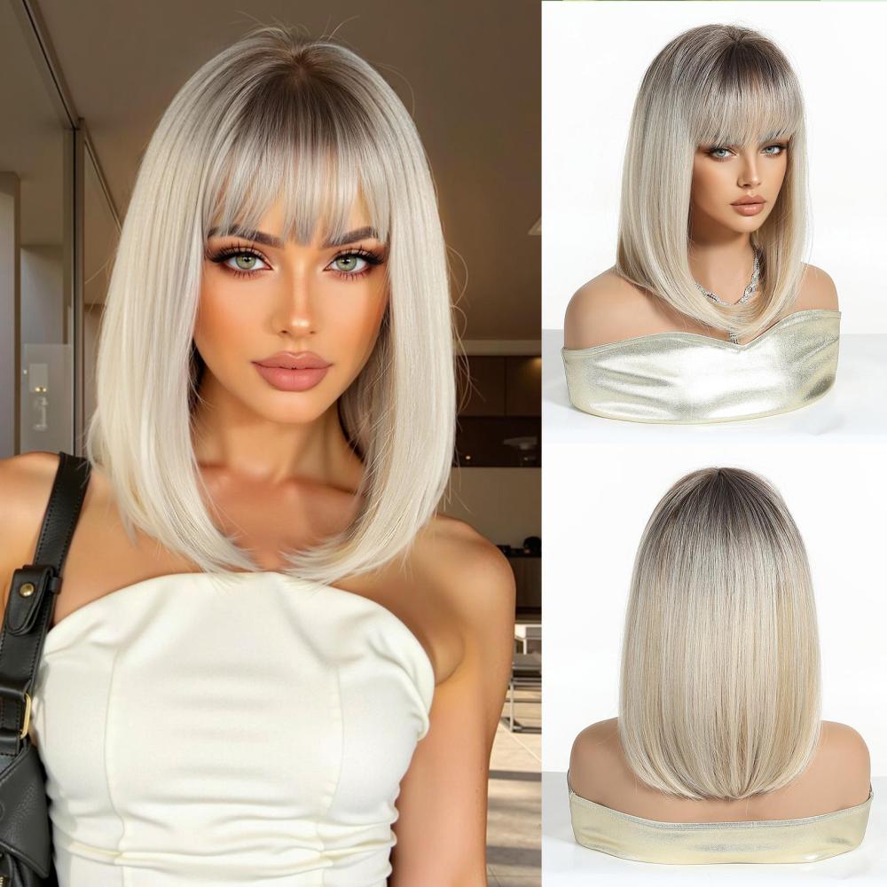 2025 Popular Brown Highlight Bob Wig Mixed Color Synthetic Hair for Women Natural Short Straight Wigs with Bangs High Temperature