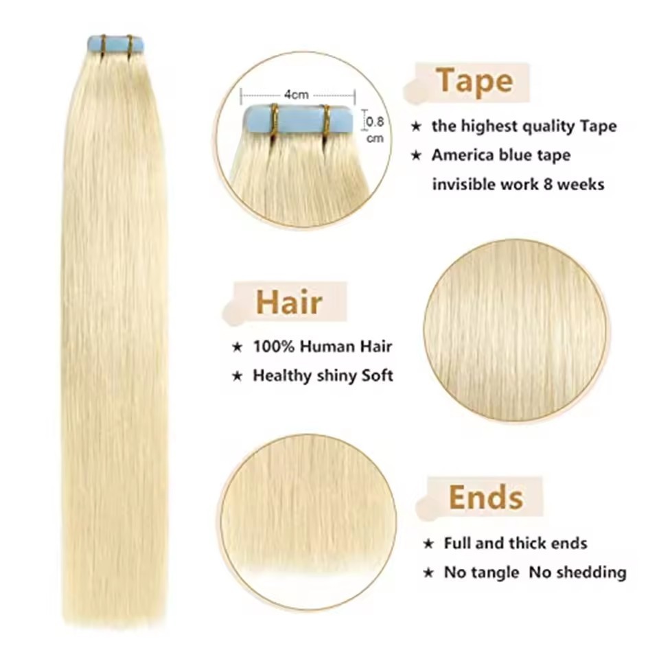 10A  #613 Blonde Invisible Tape in Extensions for Women Remy Human Hair Straight Tape in Hair Extensions 100g