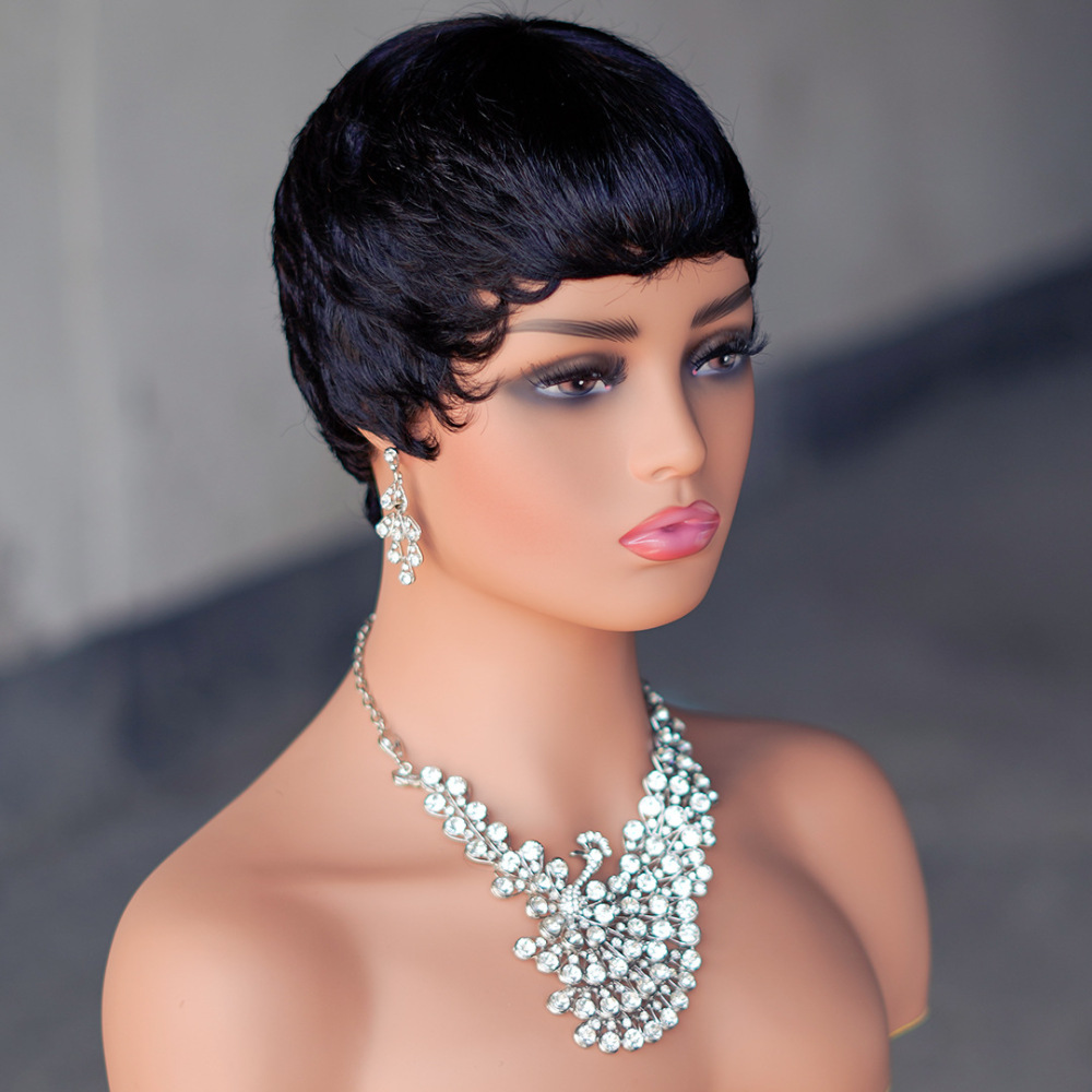 Short Pixie Cut Wig for Summer Full Machine made Real Human Hair Bob Style Wigs  Afro woman Wigs