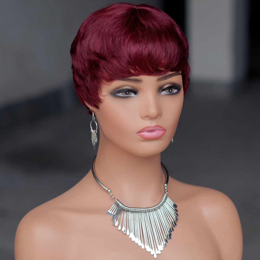 Short Pixie Cut Wig for Summer Full Machine made Real Human Hair Bob Style Wigs  Afro woman Wigs