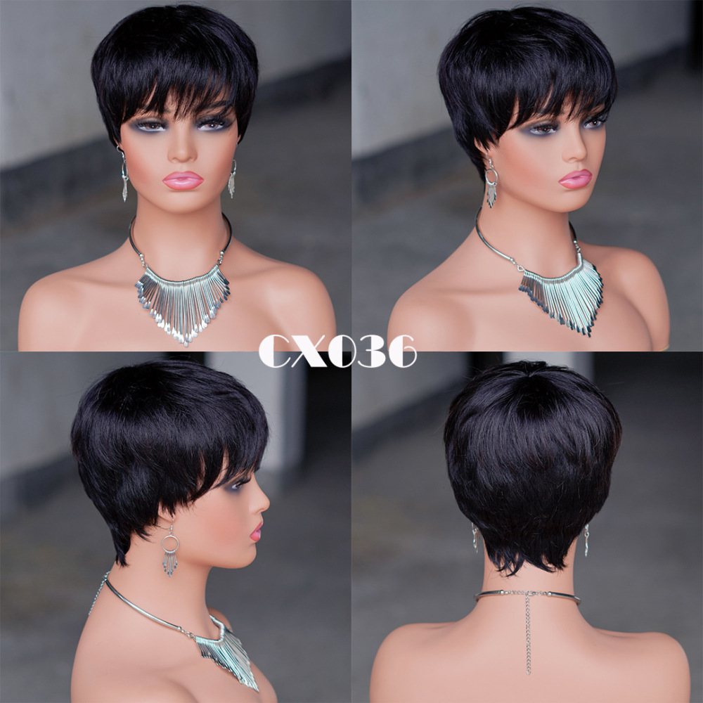 Short Pixie Cut Wigs Full Machine Made Human hairs wigs Black Color  Remy Brazilian Human hair for Blacke Women wear