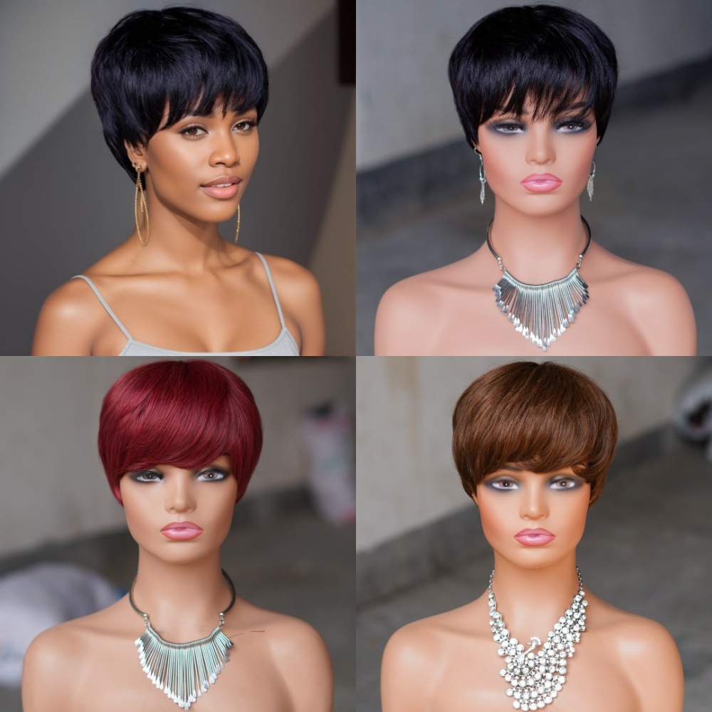 Short Pixie Cut Wigs Full Machine Made Human hairs wigs Black Color  Remy Brazilian Human hair for Blacke Women wear