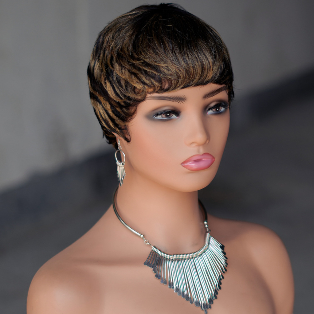 Short Pixie Cut Wig for Summer Full Machine made Real Human Hair Bob Style Wigs  Afro woman Wigs