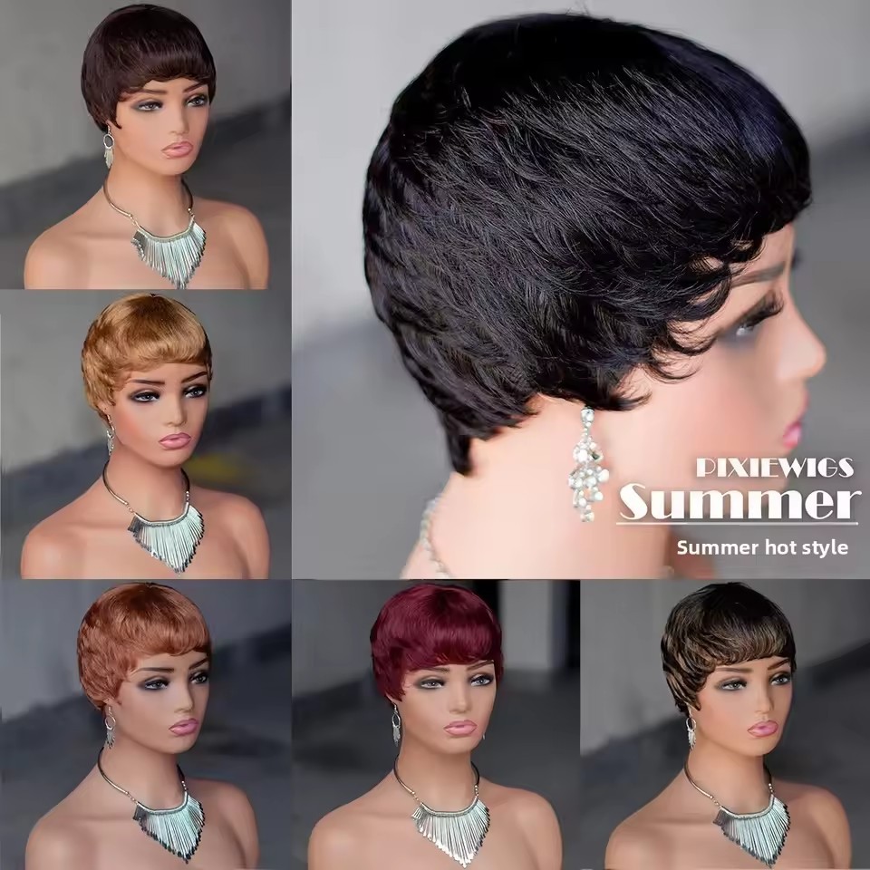 Short Pixie Cut Wig for Summer Full Machine made Real Human Hair Bob Style Wigs  Afro woman Wigs