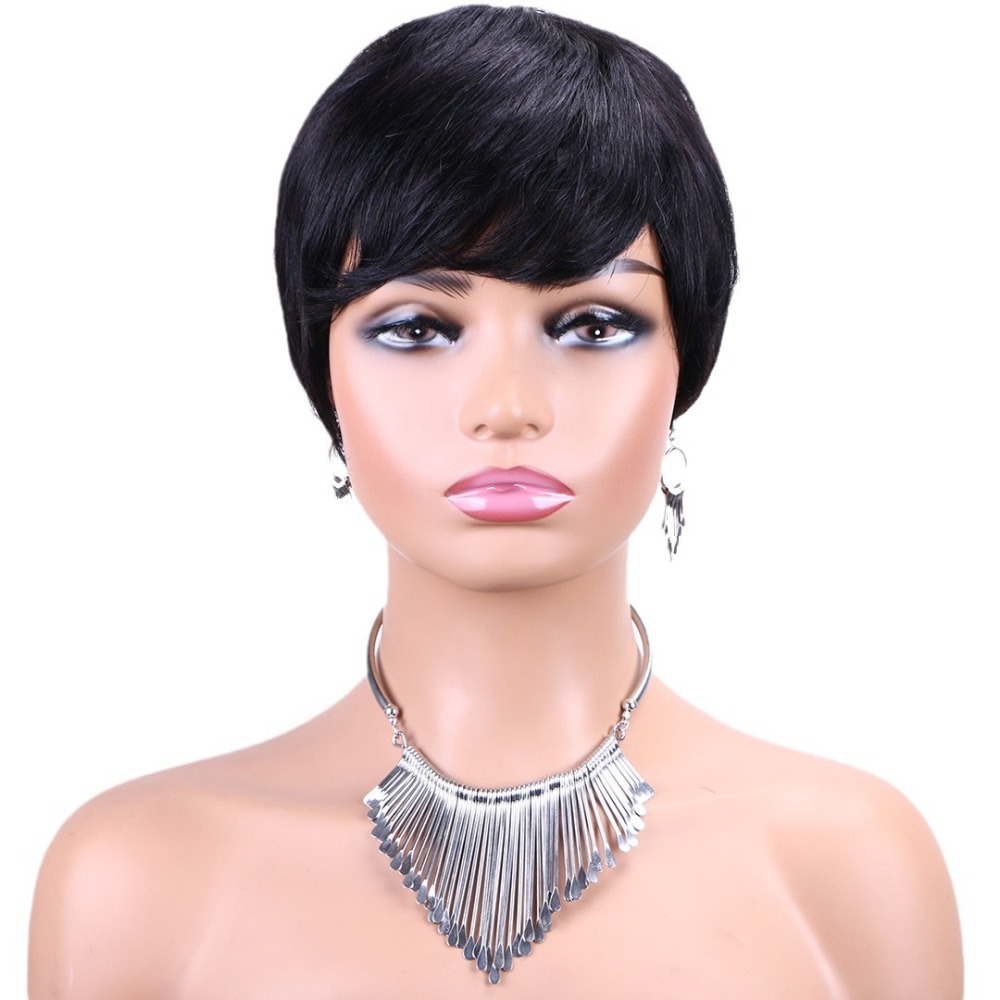 Short Pixie Wig Chocolate Brown Human Hair Wigs Short Pixie Cut Wigs with Bangs Cheap Full Machine Brazlian Hair Wigs