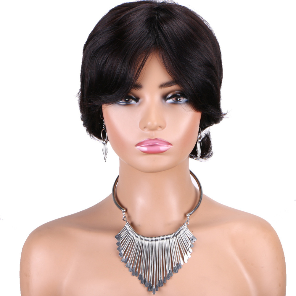 Short  Wave Human Hair Wig Machine Made Human Hair Wigs Black Wavy With Bangs Wigs Wear No Lace Soft For Women