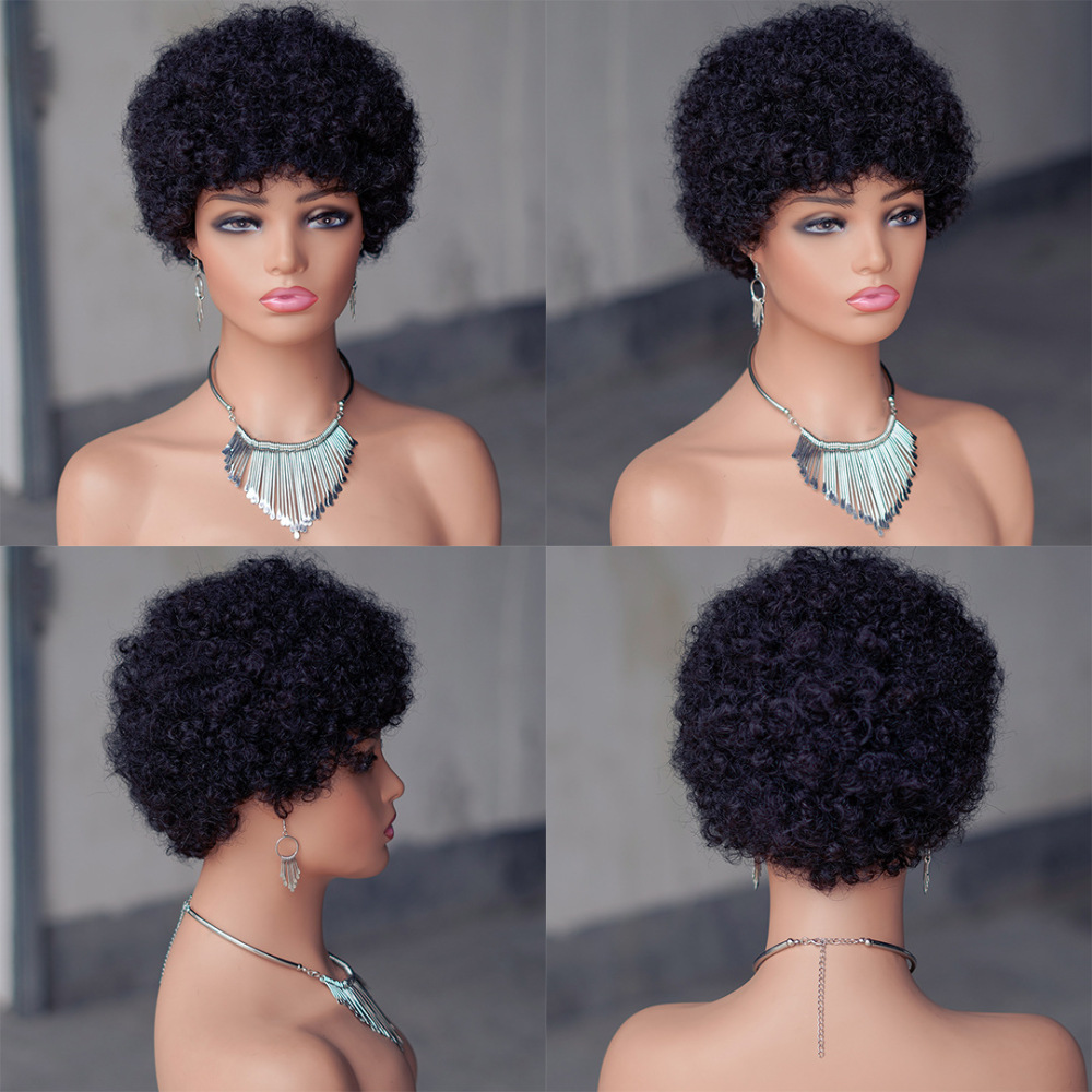 Short Afro Kinky Curly Human Hair Black Wig for Women Fluffy Pixie Curly Retro Style Cheap Human Hair Wig Full Machine Wig