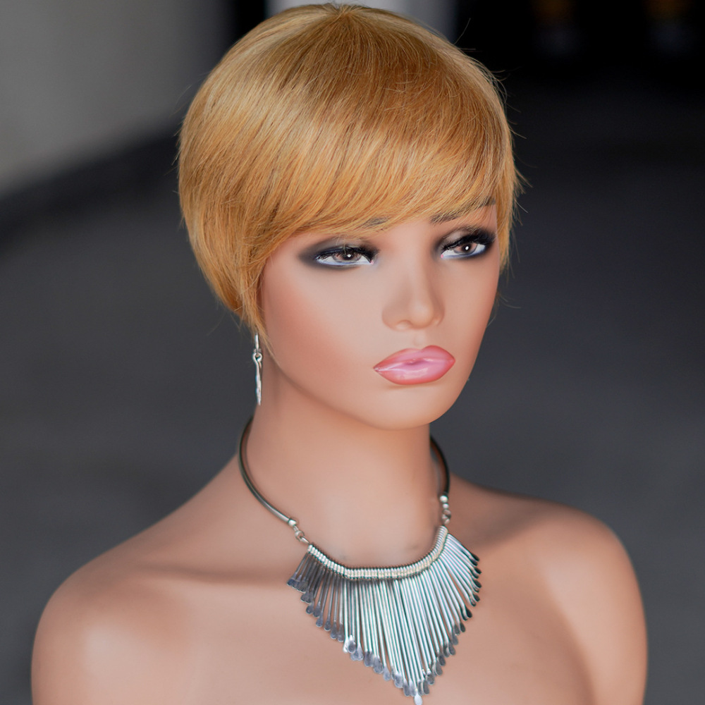 Short Pixie Wig Chocolate Brown Human Hair Wigs Short Pixie Cut Wigs with Bangs Cheap Full Machine Brazlian Hair Wigs