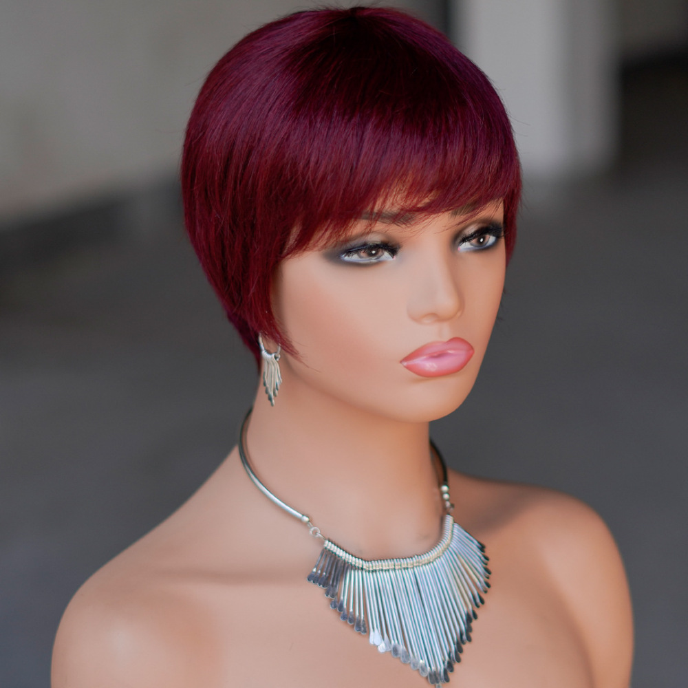 Short Pixie Wig Chocolate Brown Human Hair Wigs Short Pixie Cut Wigs with Bangs Cheap Full Machine Brazlian Hair Wigs