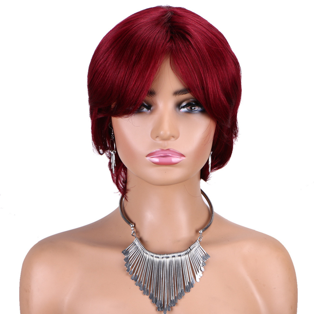 Short  Wave Human Hair Wig Machine Made Human Hair Wigs Black Wavy With Bangs Wigs Wear No Lace Soft For Women
