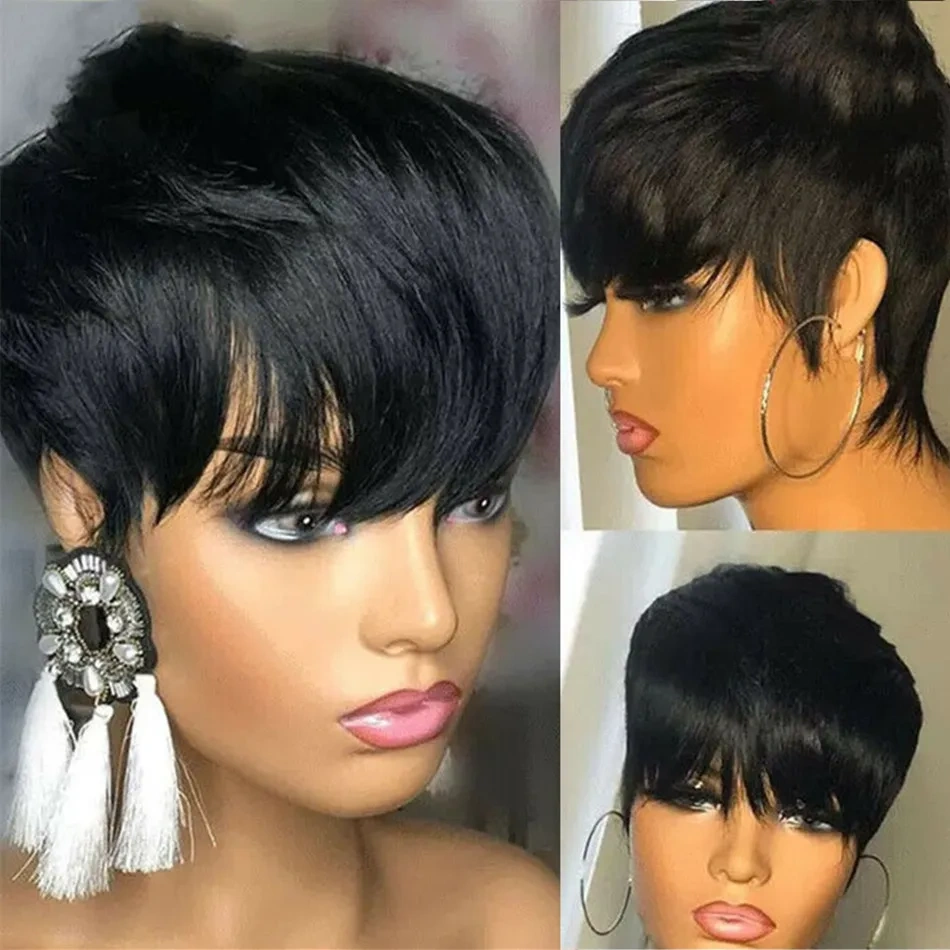 Short Gradient Color Human Hair Wigs  Full Head Pixie Cut Fake Hair Bob Style Hairpiece from Mainland China Affordable Price