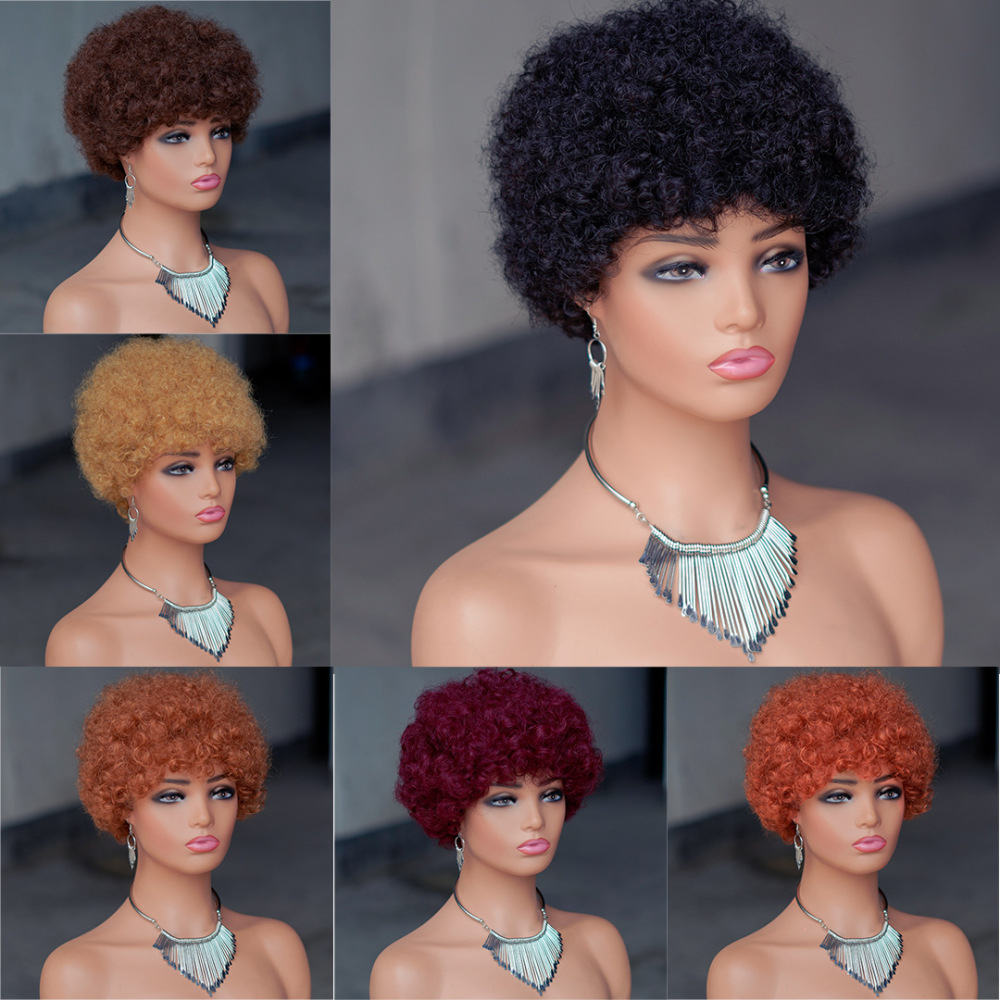 Short Afro Kinky Curly Human Hair Black Wig for Women Fluffy Pixie Curly Retro Style Cheap Human Hair Wig Full Machine Wig