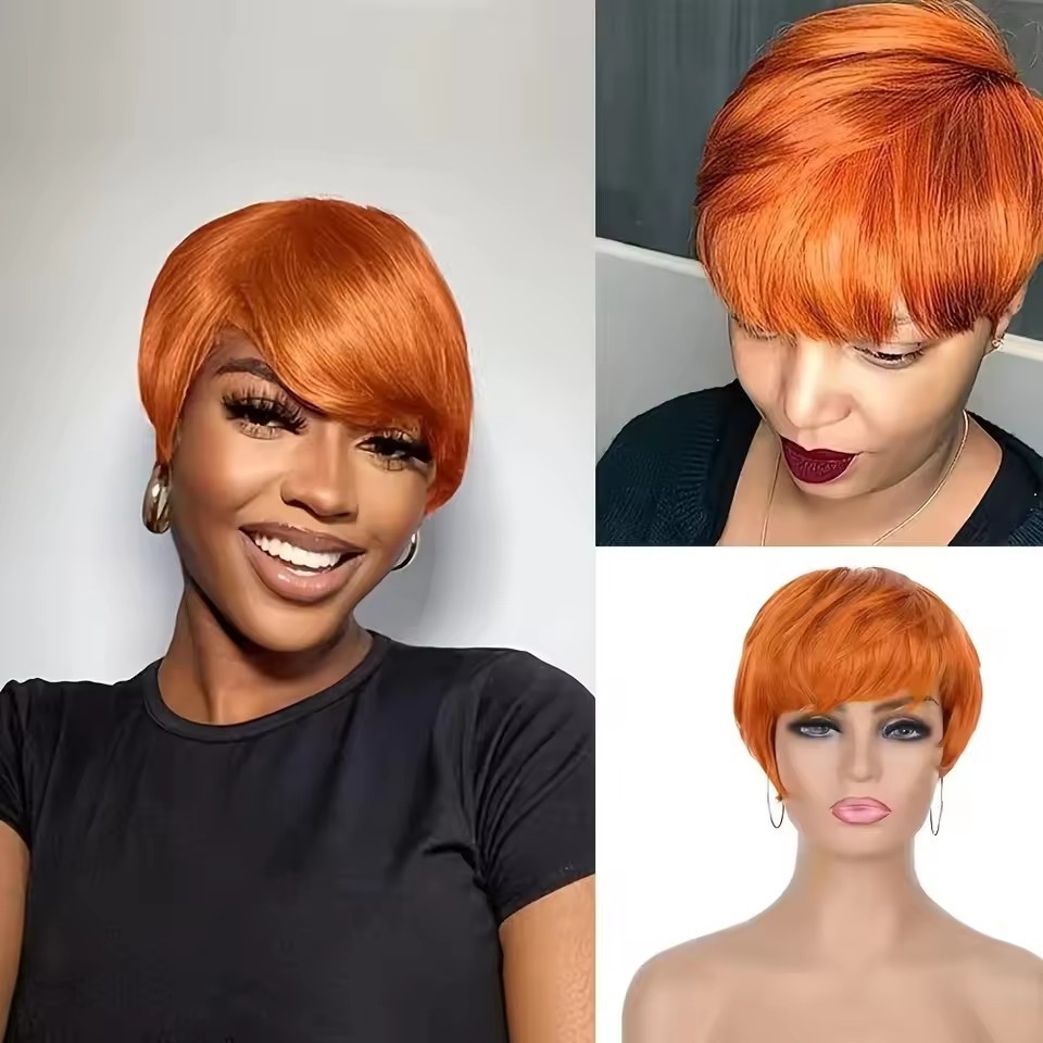 Short Pixie Wig Chocolate Brown Human Hair Wigs Short Pixie Cut Wigs with Bangs Cheap Full Machine Brazlian Hair Wigs