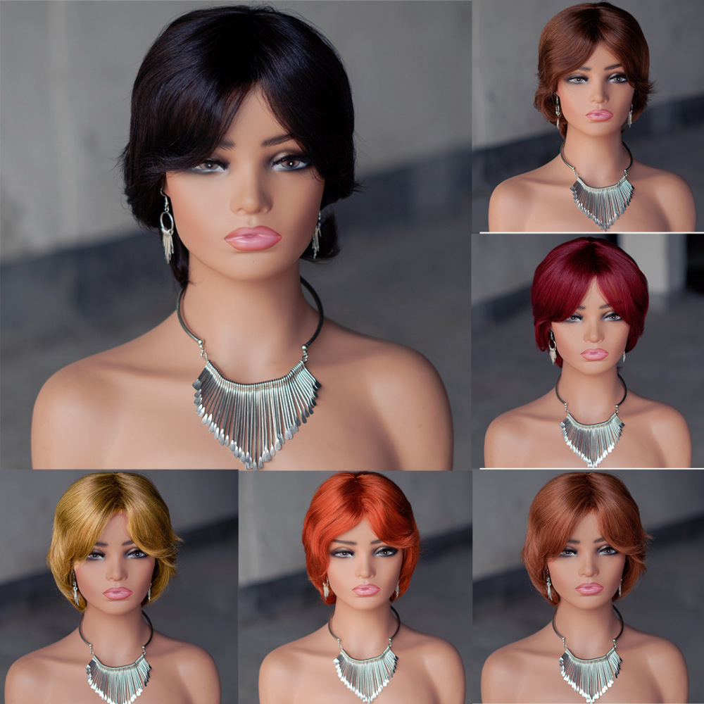 Short  Wave Human Hair Wig Machine Made Human Hair Wigs Black Wavy With Bangs Wigs Wear No Lace Soft For Women
