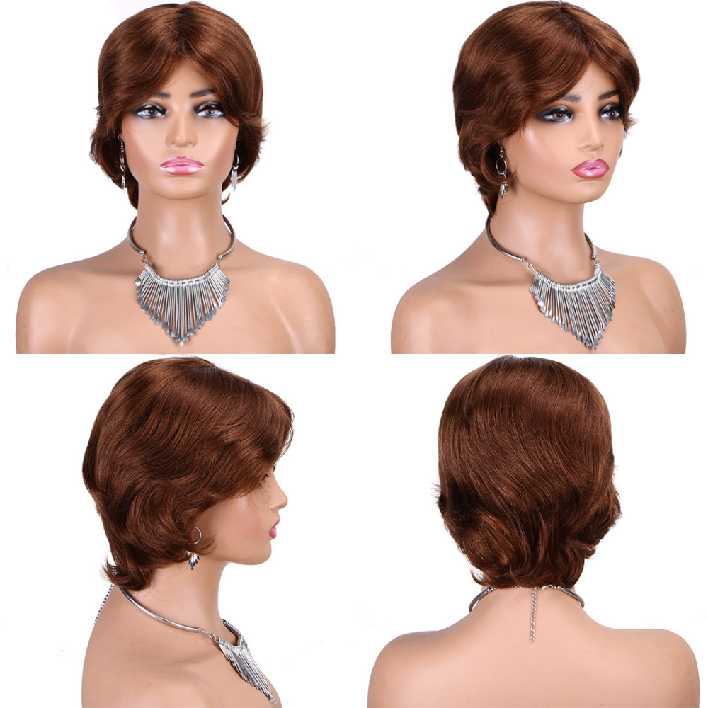 Short  Wave Human Hair Wig Machine Made Human Hair Wigs Black Wavy With Bangs Wigs Wear No Lace Soft For Women