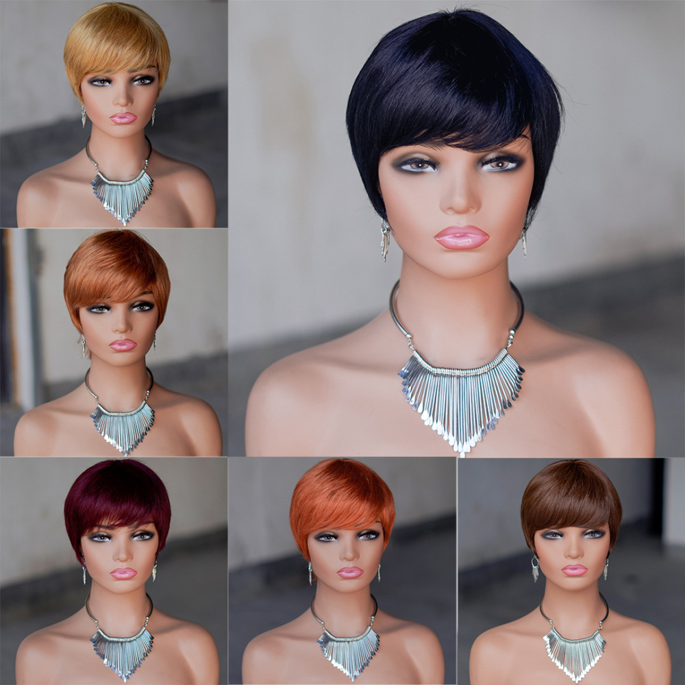Short Pixie Wig Chocolate Brown Human Hair Wigs Short Pixie Cut Wigs with Bangs Cheap Full Machine Brazlian Hair Wigs