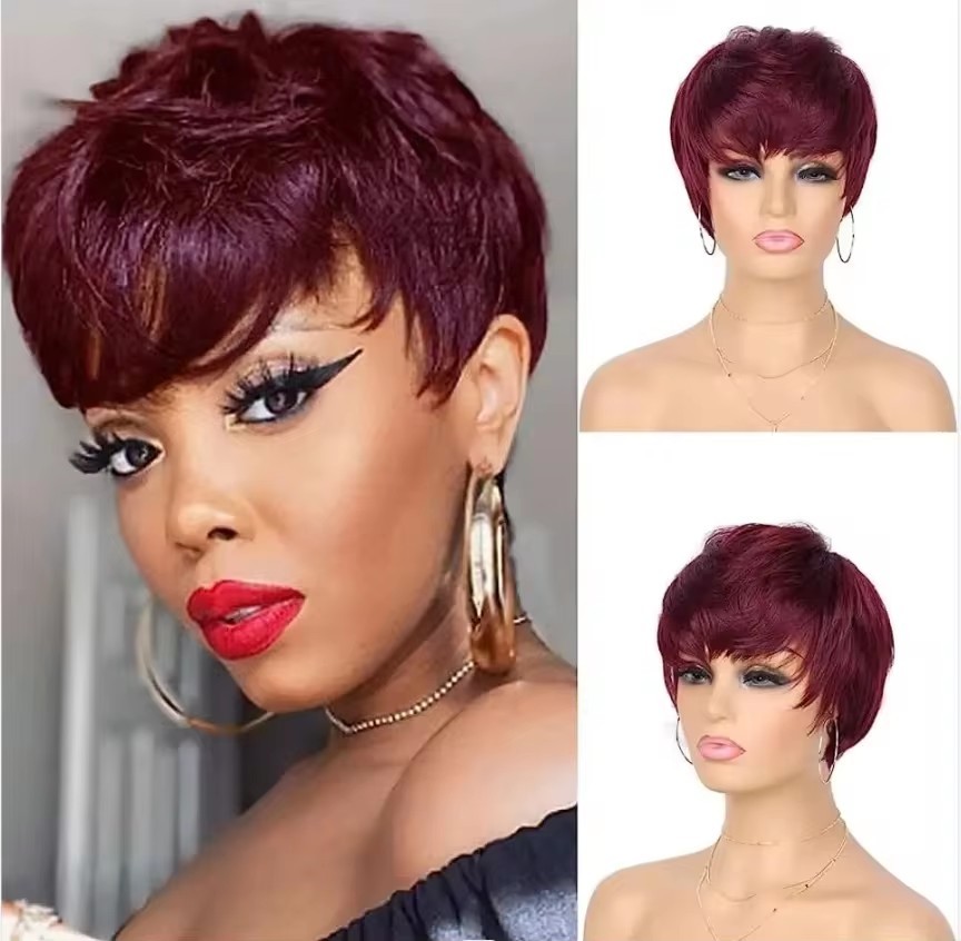 Short Pixie Wig Chocolate Brown Human Hair Wigs Short Pixie Cut Wigs with Bangs Cheap Full Machine Brazlian Hair Wigs