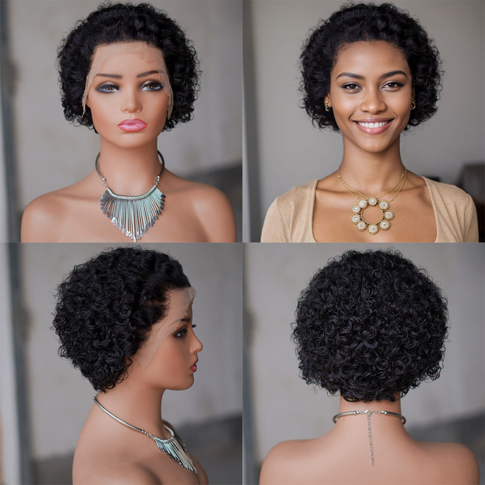 Short Afro Kinky Curly Human Hair Black Wig for Women Fluffy Pixie Curly Retro Style Cheap Human Hair Wig Full Machine Wig