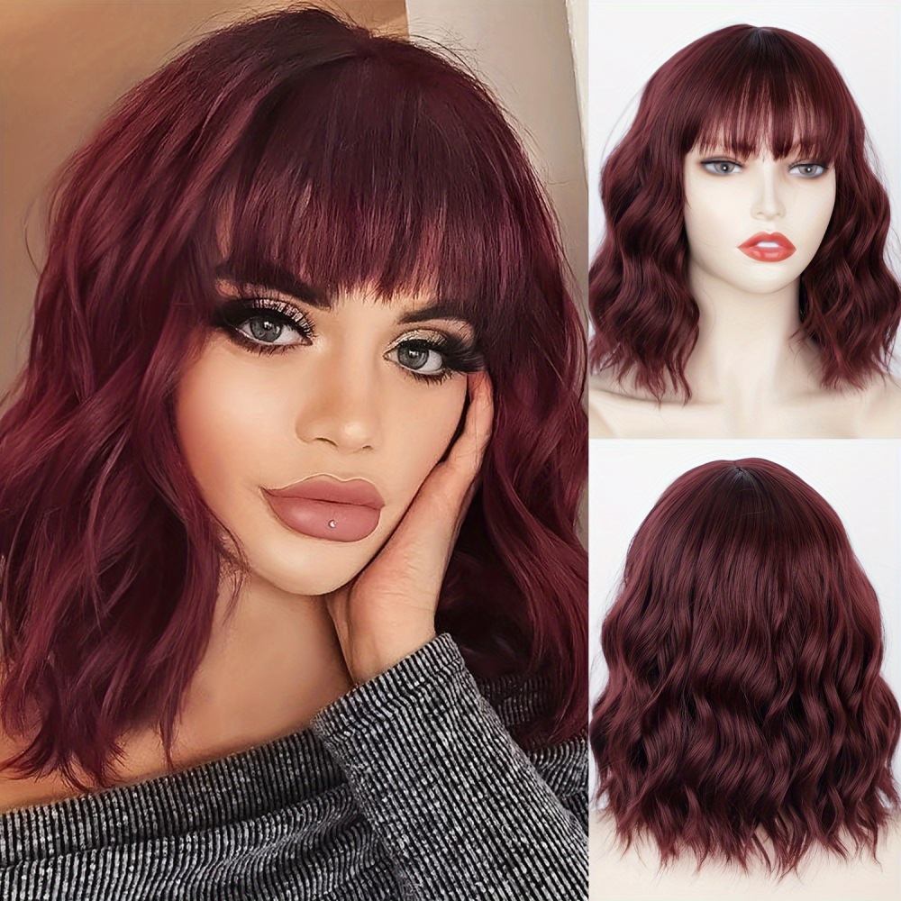Natural  Color Wave  Bob Wig with Bangs Short Wavy Wine Red Color Wigs for Women Bob Style Synthetic Heat Resistant Bob Wigs