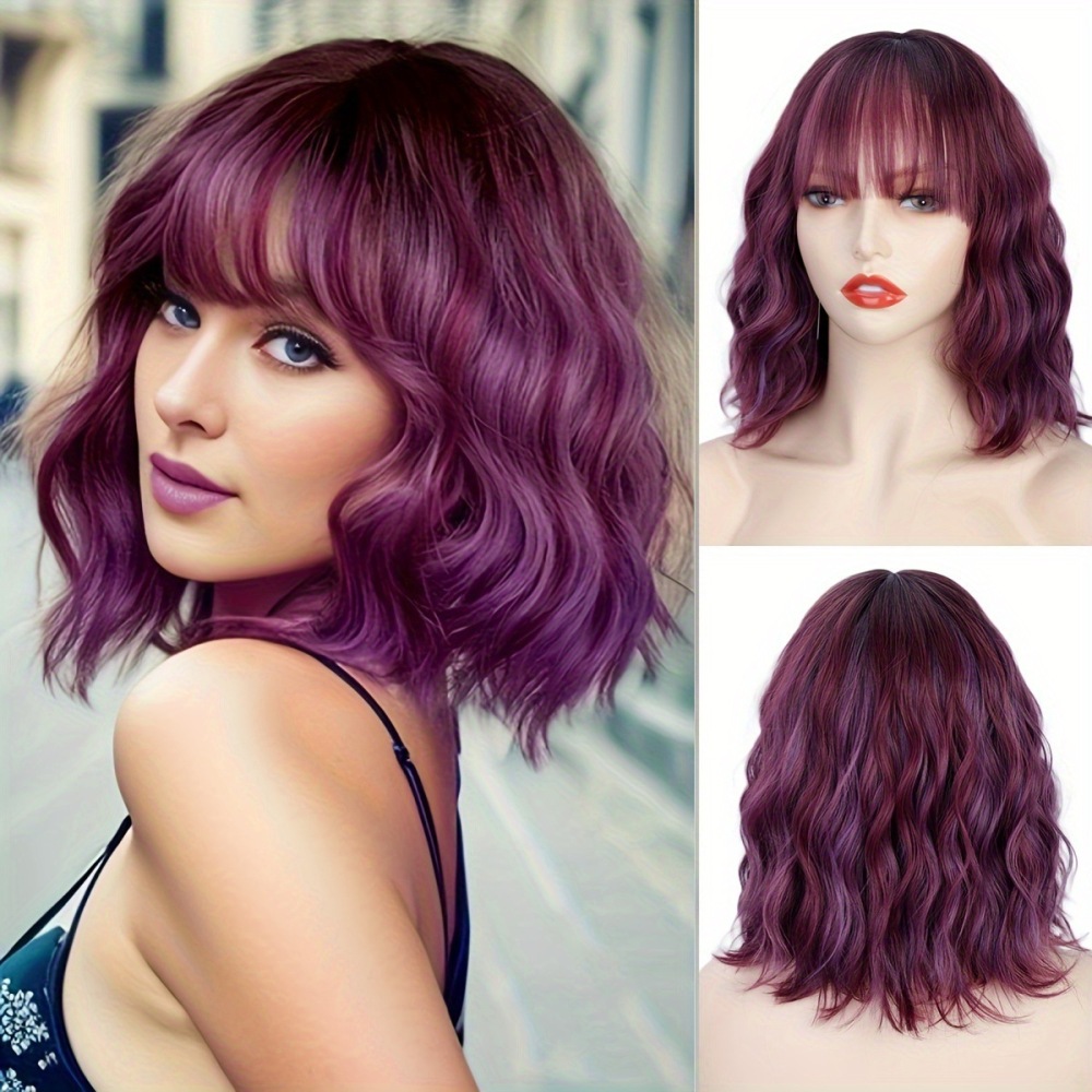 Natural  Color Wave  Bob Wig with Bangs Short Wavy Wine Red Color Wigs for Women Bob Style Synthetic Heat Resistant Bob Wigs
