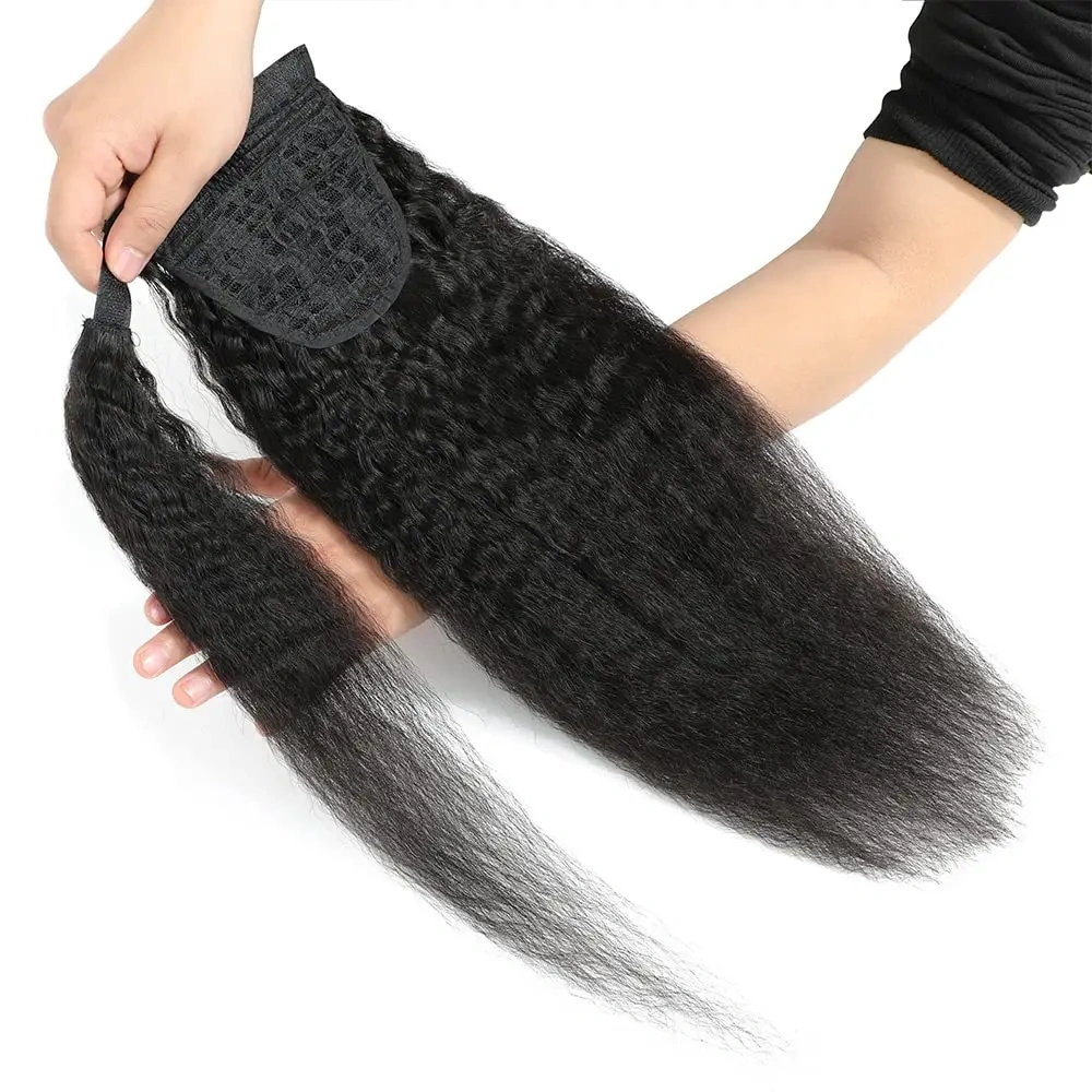 Natural  Black Kinky Straight  Human Ponytail Hair  Wrap Around Ponytail  Hair Extensions For  Women