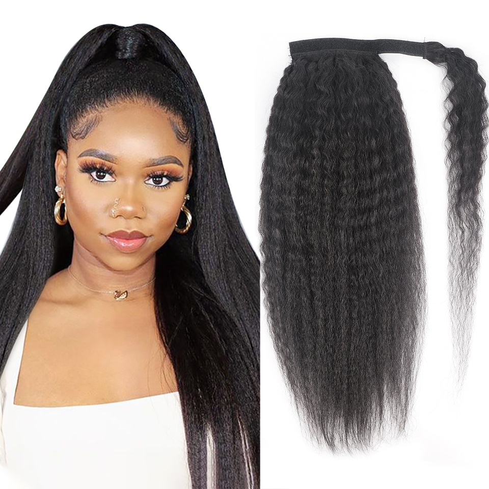 Natural  Black Kinky Straight  Human Ponytail Hair  Wrap Around Ponytail  Hair Extensions For  Women