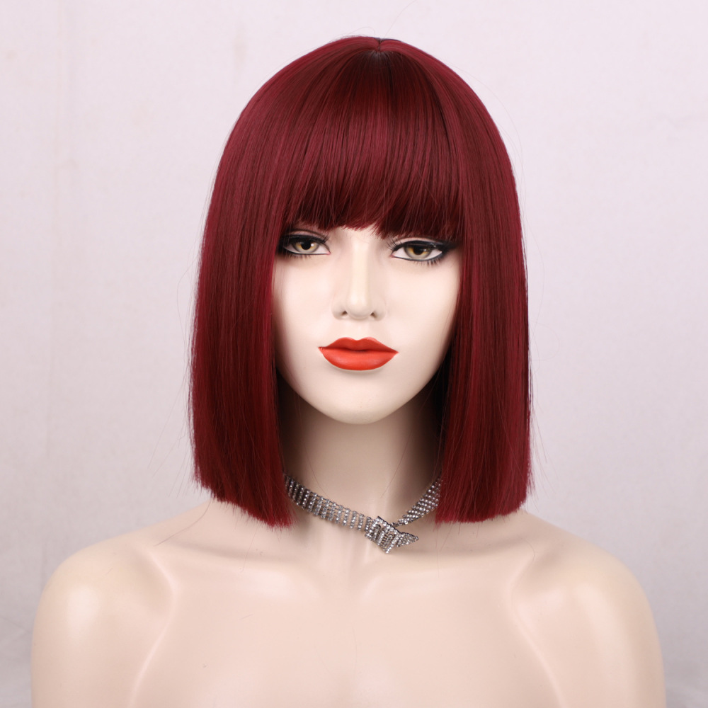 Short Straight Bob Synthetic Wigs  Natural Hair Wig with Bangs for Women Cosplay Cute Wig Heat Resistant Fiber