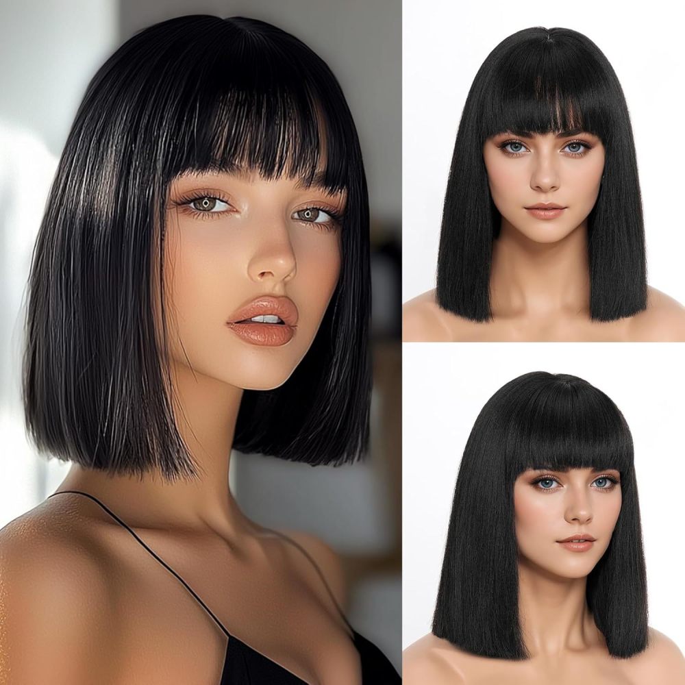 Short Straight Bob Synthetic Wigs  Natural Hair Wig with Bangs for Women Cosplay Cute Wig Heat Resistant Fiber