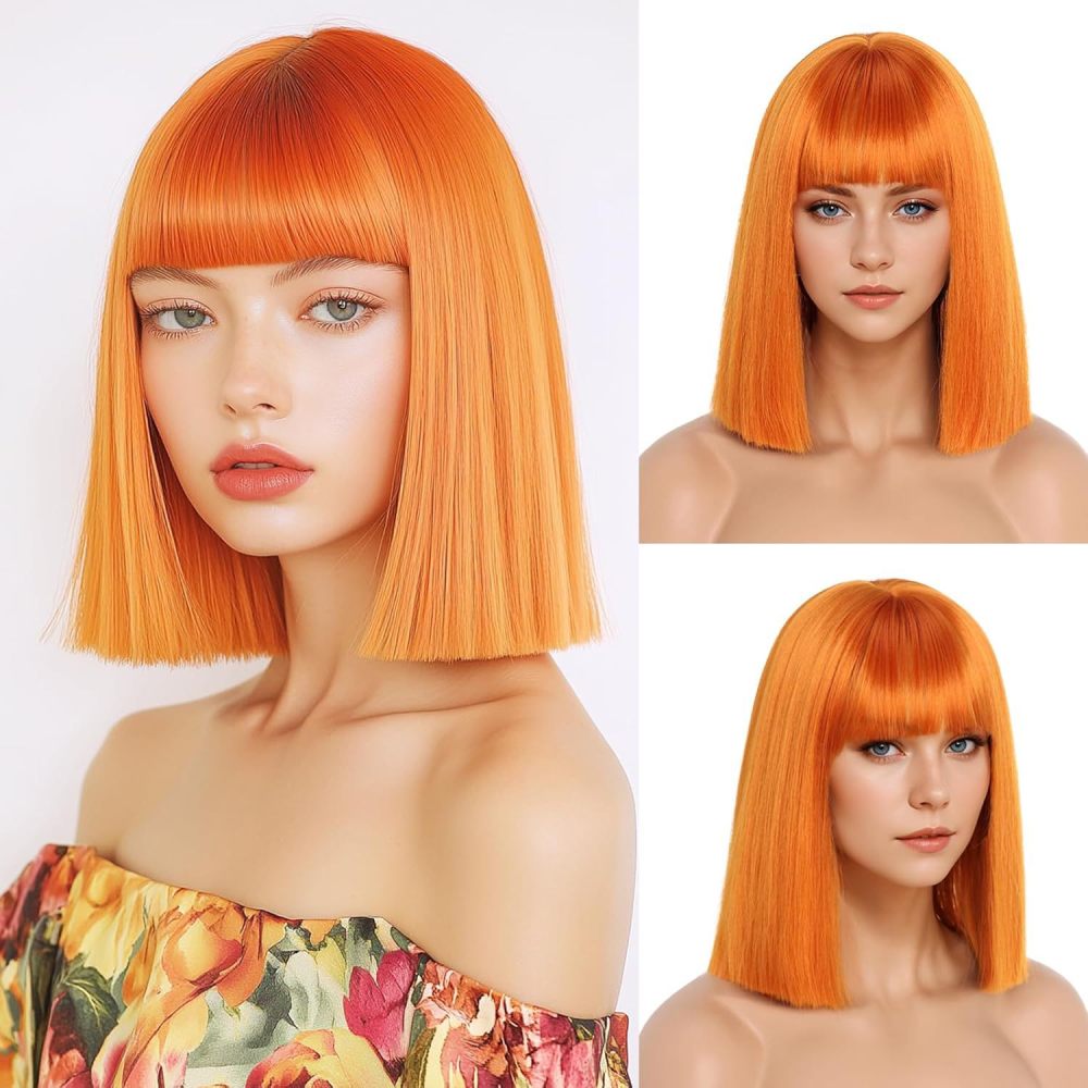 Short Straight Bob Synthetic Wigs  Natural Hair Wig with Bangs for Women Cosplay Cute Wig Heat Resistant Fiber