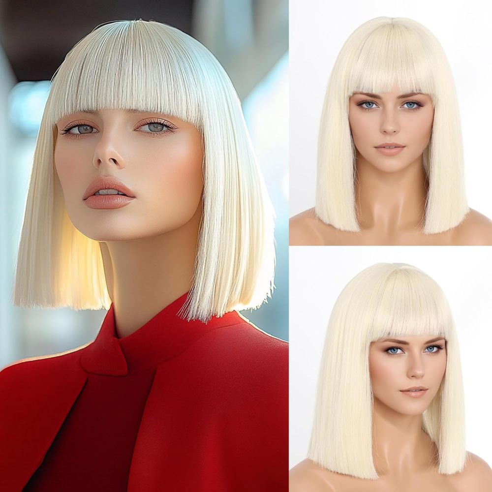 Short Straight Bob Synthetic Wigs  Natural Hair Wig with Bangs for Women Cosplay Cute Wig Heat Resistant Fiber