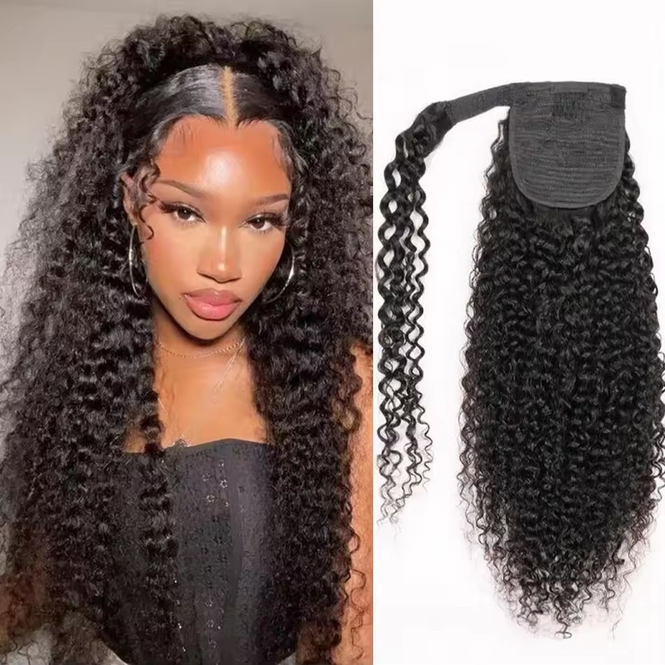 Kinky Curly 8-26Inch  Ponytail Human Hair Virgin  Wrap Around Ponytail Hair Extension For Women Hair Natural Color Hairpiece